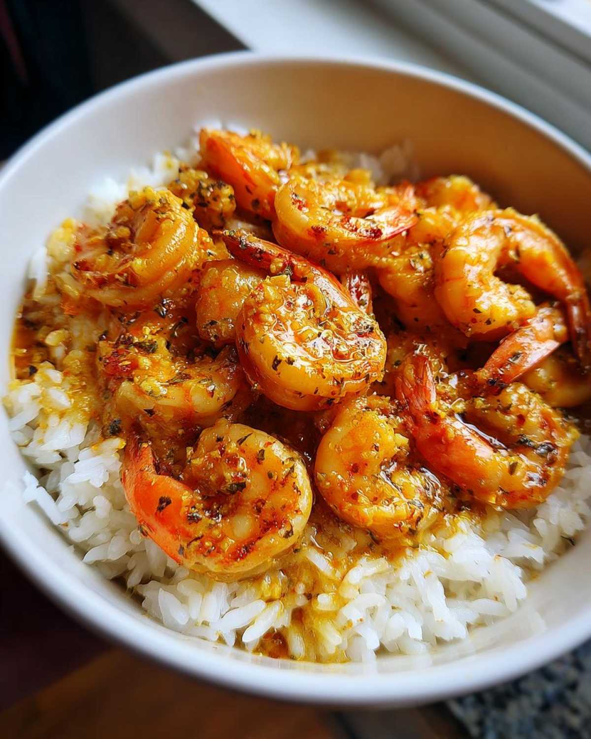 Close-up of juicy, seasoned shrimp coated in garlic butter sauce served over white rice in a white bowl.