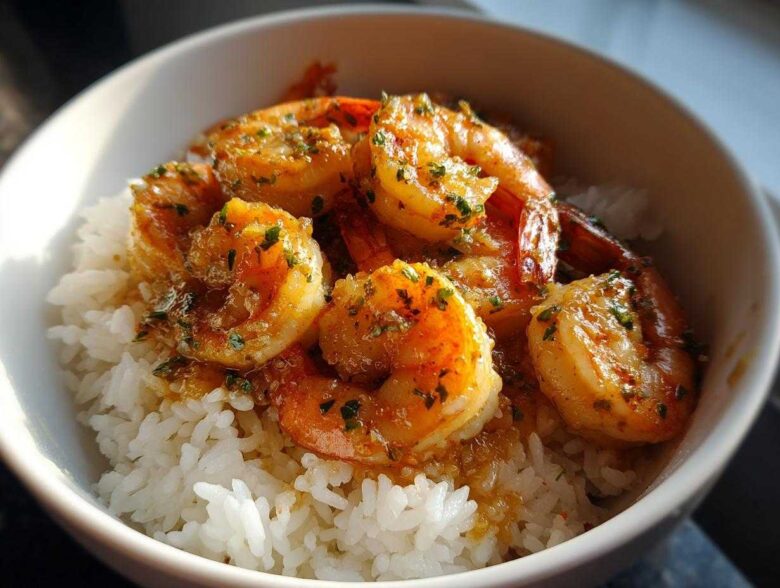 Close-up of a white bowl filled with fluffy white rice topped with succulent Garlic Butter Shrimp Bowl with Rice.