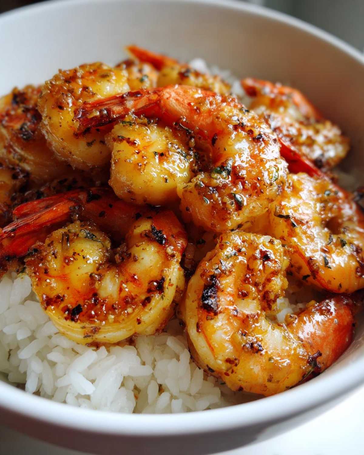 Close-up of plump, sautéed shrimp coated in garlic butter sauce served over white rice in a white bowl.