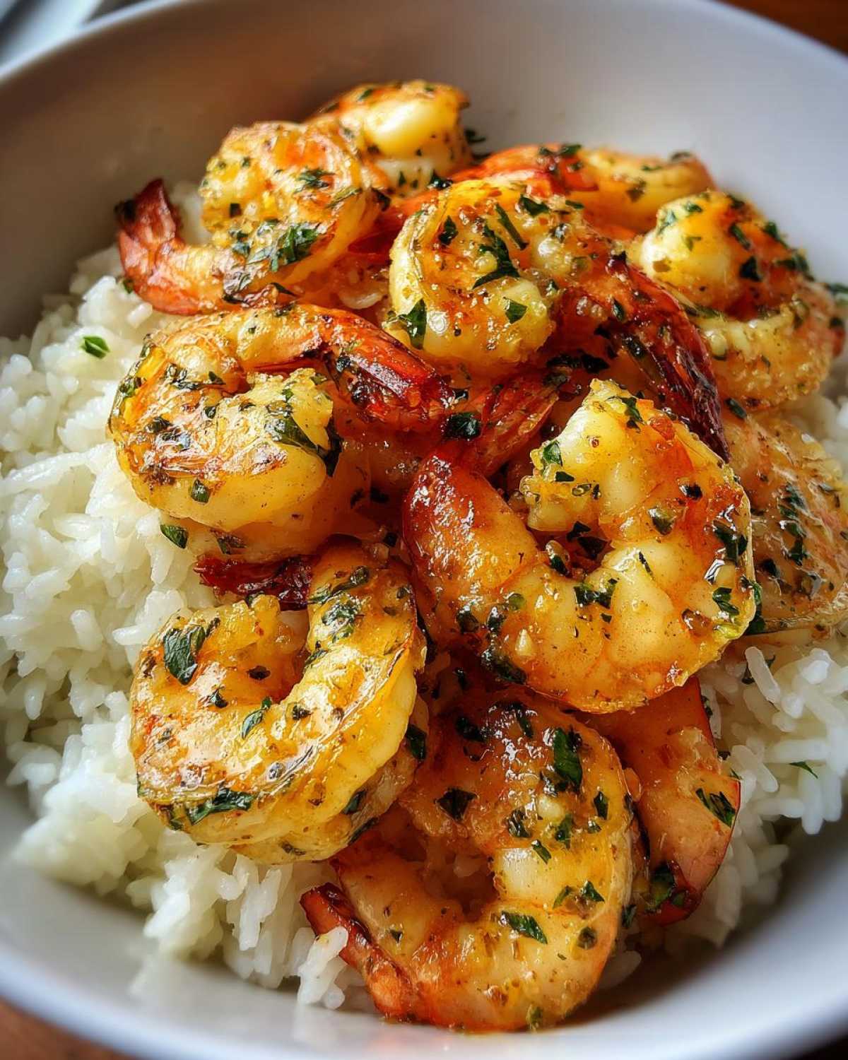 Close-up of juicy Garlic Butter Shrimp Bowl with Rice, topped with parsley.