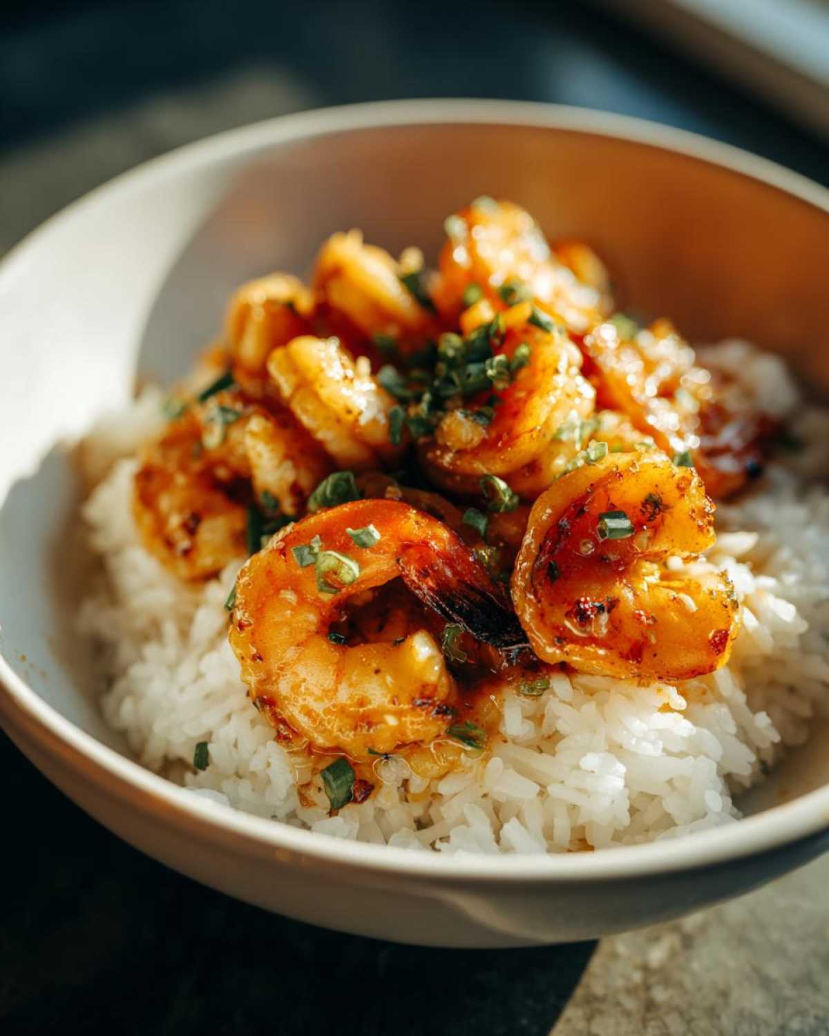 Close-up of a Garlic Butter Shrimp Bowl with Rice, featuring glossy, sautéed shrimp over white rice topped with green onions.