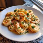 Plump shrimp coated in Garlic Butter Shrimp with Creamy Parmesan Sauce, garnished with fresh parsley.