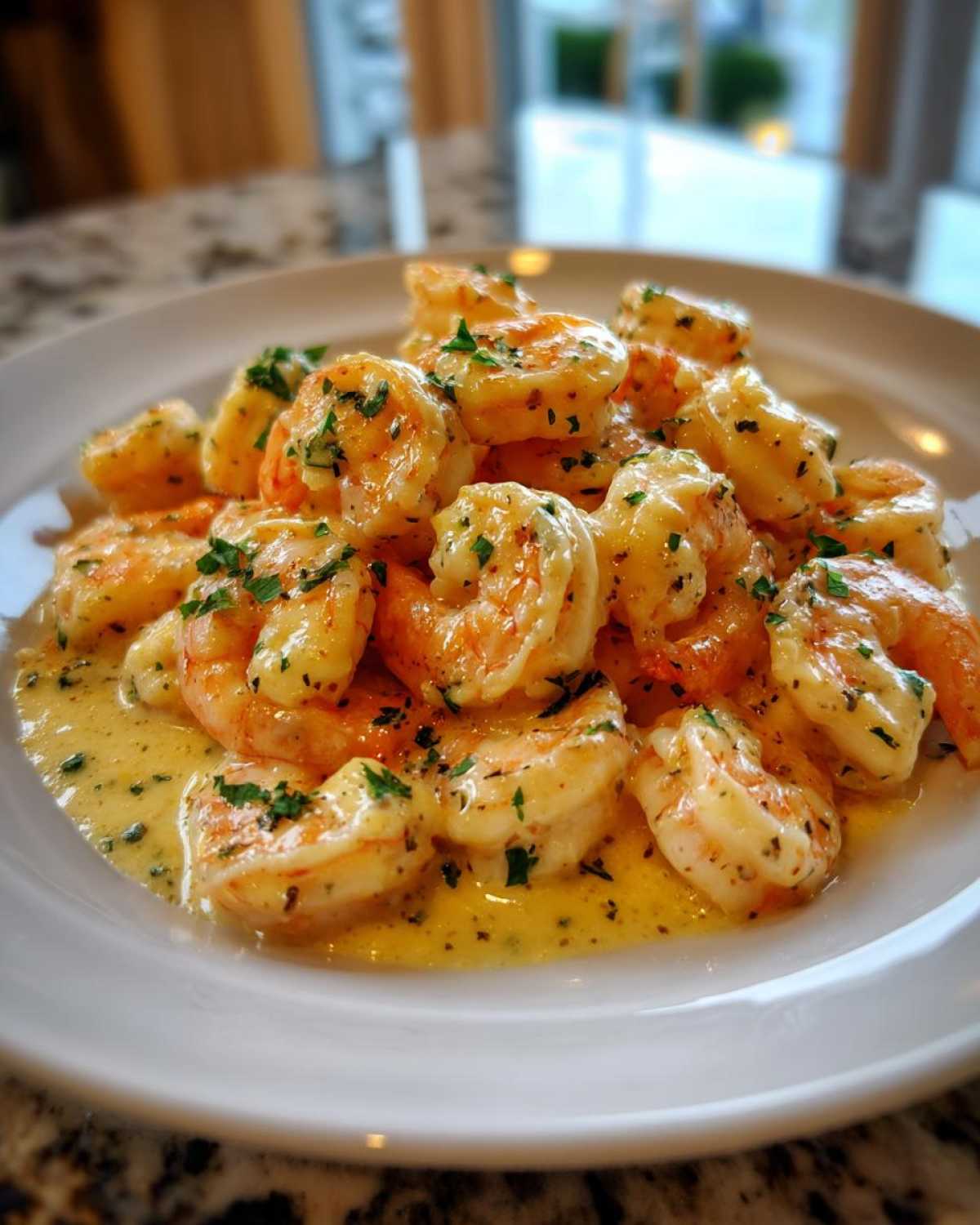 A close-up of tender shrimp coated in a rich, creamy parmesan sauce, garnished with parsley, showcasing the Garlic Butter Shrimp.