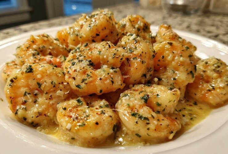 A close-up of plump shrimp coated in a rich Garlic Butter Shrimp with Creamy Parmesan Sauce, garnished with parsley.