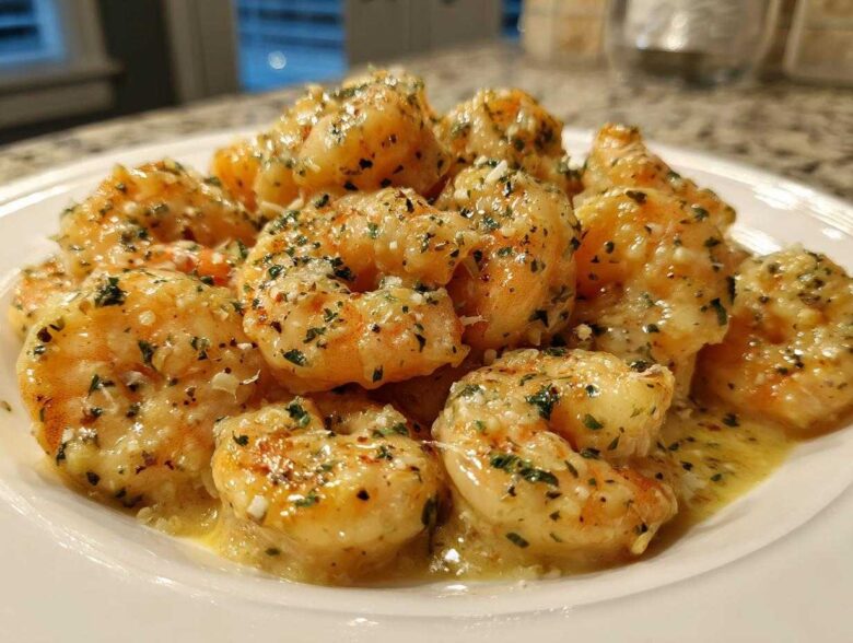 A close-up of plump shrimp coated in a rich Garlic Butter Shrimp with Creamy Parmesan Sauce, garnished with parsley.