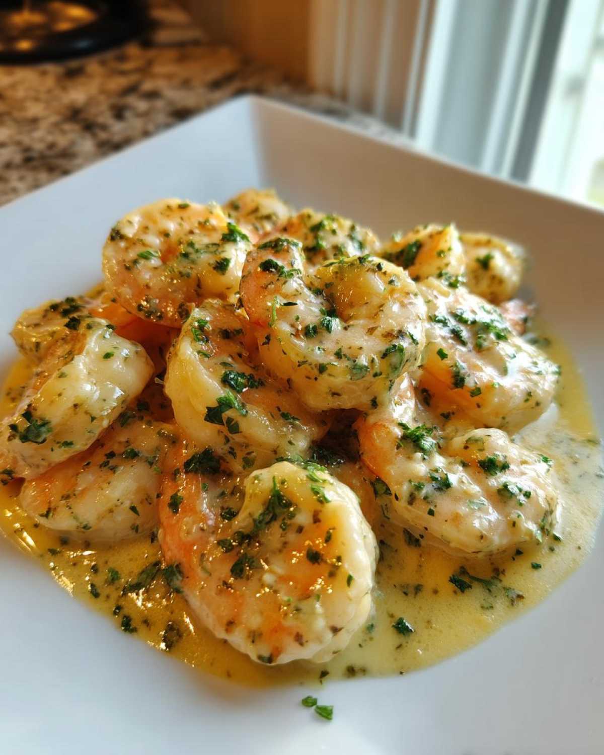 Close-up of plump shrimp coated in a rich, creamy Garlic Butter Shrimp with Creamy Parmesan Sauce, topped with fresh parsley.