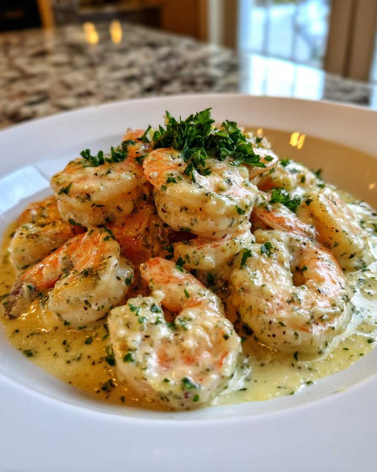 Plump shrimp coated in a rich Garlic Butter Shrimp with Creamy Parmesan Sauce, garnished with fresh parsley.