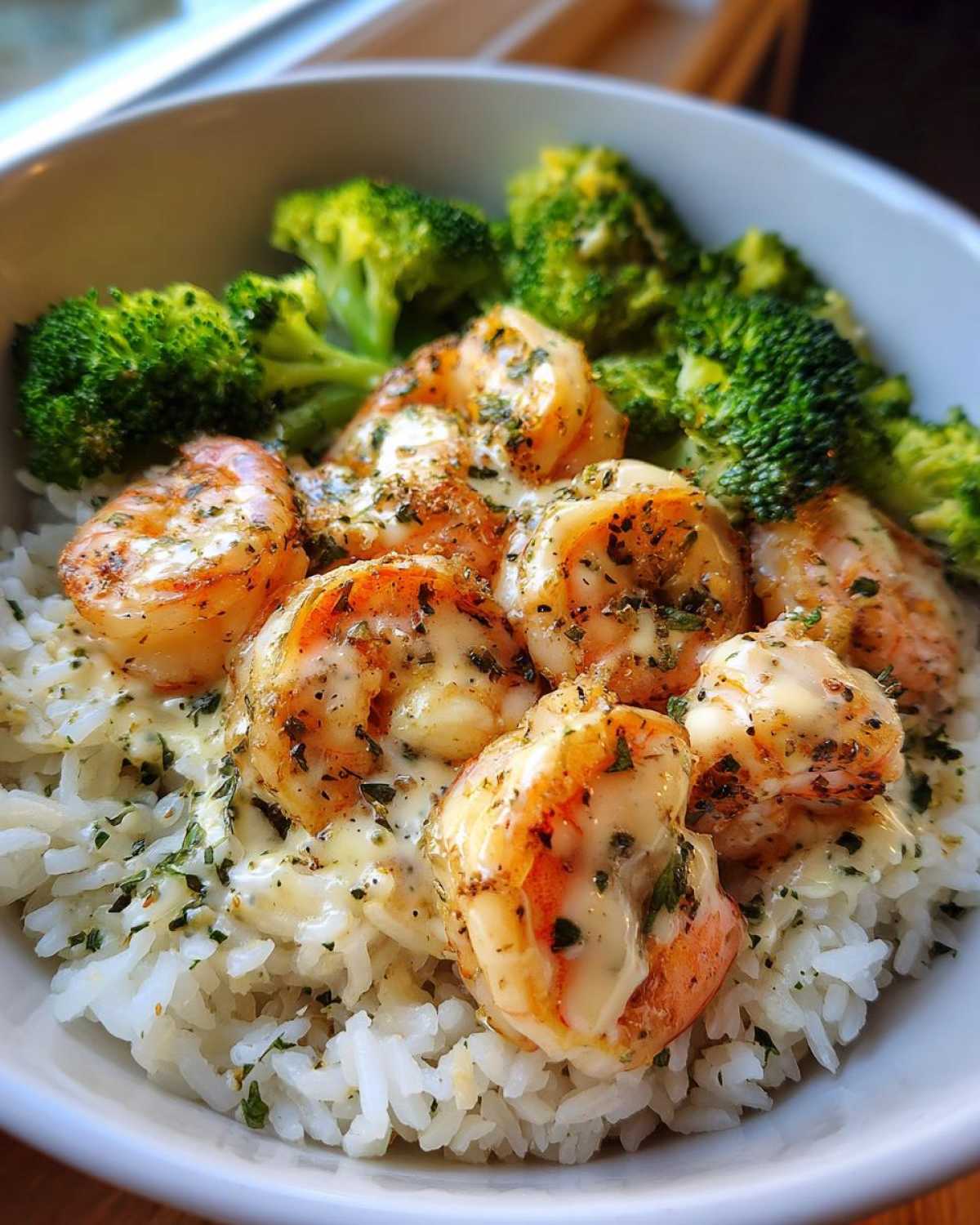 Close-up of a Garlic Butter Shrimp Rice Bowl topped with creamy garlic sauce and steamed broccoli florets.