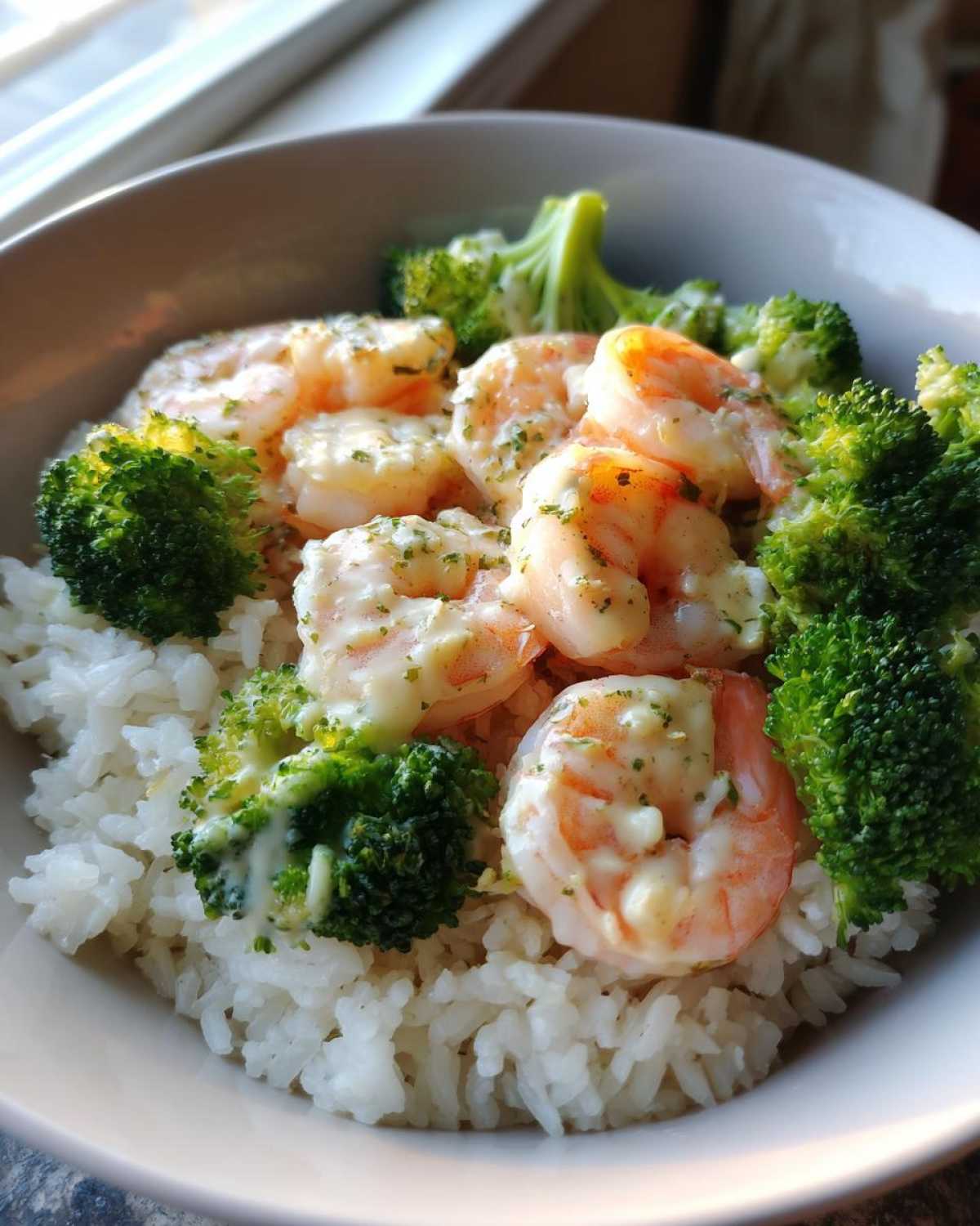 Close-up of a Garlic Butter Shrimp Rice Bowl featuring shrimp coated in garlic sauce, steamed broccoli, and white rice.