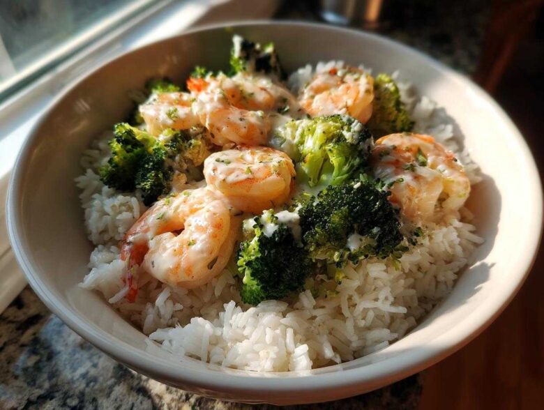 A white bowl filled with white rice, topped with shrimp and broccoli florets drizzled in garlic butter sauce, part of a Garlic Butter Shrimp Rice Bowl.