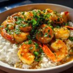 Close-up of a Garlic Butter Shrimp Rice Bowl featuring plump shrimp coated in sauce over white rice, topped with fresh parsley.