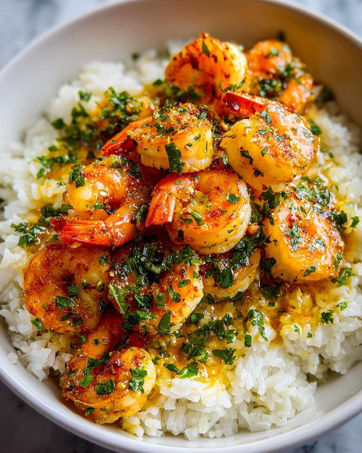 Close-up of a Garlic Butter Shrimp Rice Bowl featuring sautéed shrimp coated in garlic butter sauce over white rice, topped with fresh parsley.
