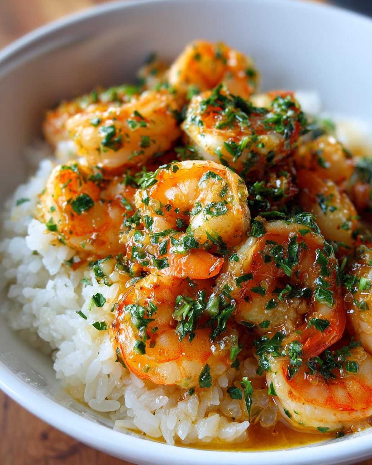 Close-up of a Garlic Butter Shrimp Rice Bowl featuring plump shrimp coated in garlic butter sauce and fresh herbs over white rice.