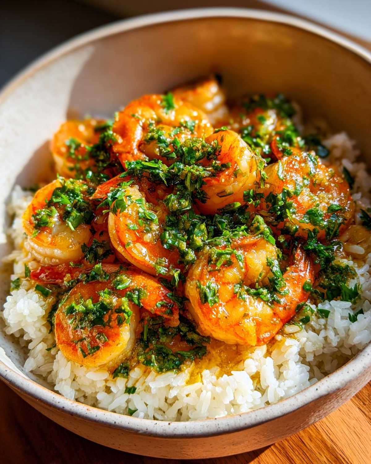 Close-up of a Garlic Butter Shrimp Rice Bowl featuring plump, saucy shrimp topped generously with fresh green herbs over white rice.