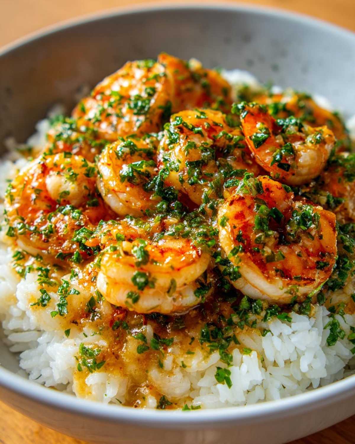 Close-up of a Garlic Butter Shrimp Rice Bowl, featuring plump shrimp coated in garlic butter sauce and fresh herbs over white rice.