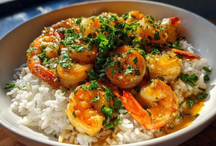 Close-up of a Garlic Butter Shrimp Rice Bowl featuring plump shrimp coated in sauce over white rice, topped with fresh parsley.