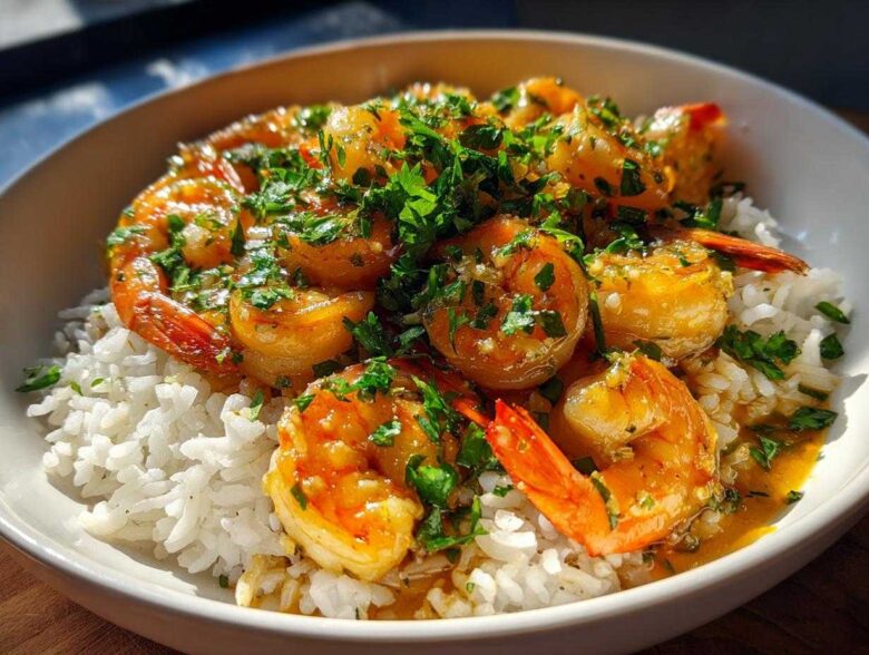 Close-up of a Garlic Butter Shrimp Rice Bowl featuring plump shrimp coated in sauce over white rice, topped with fresh parsley.
