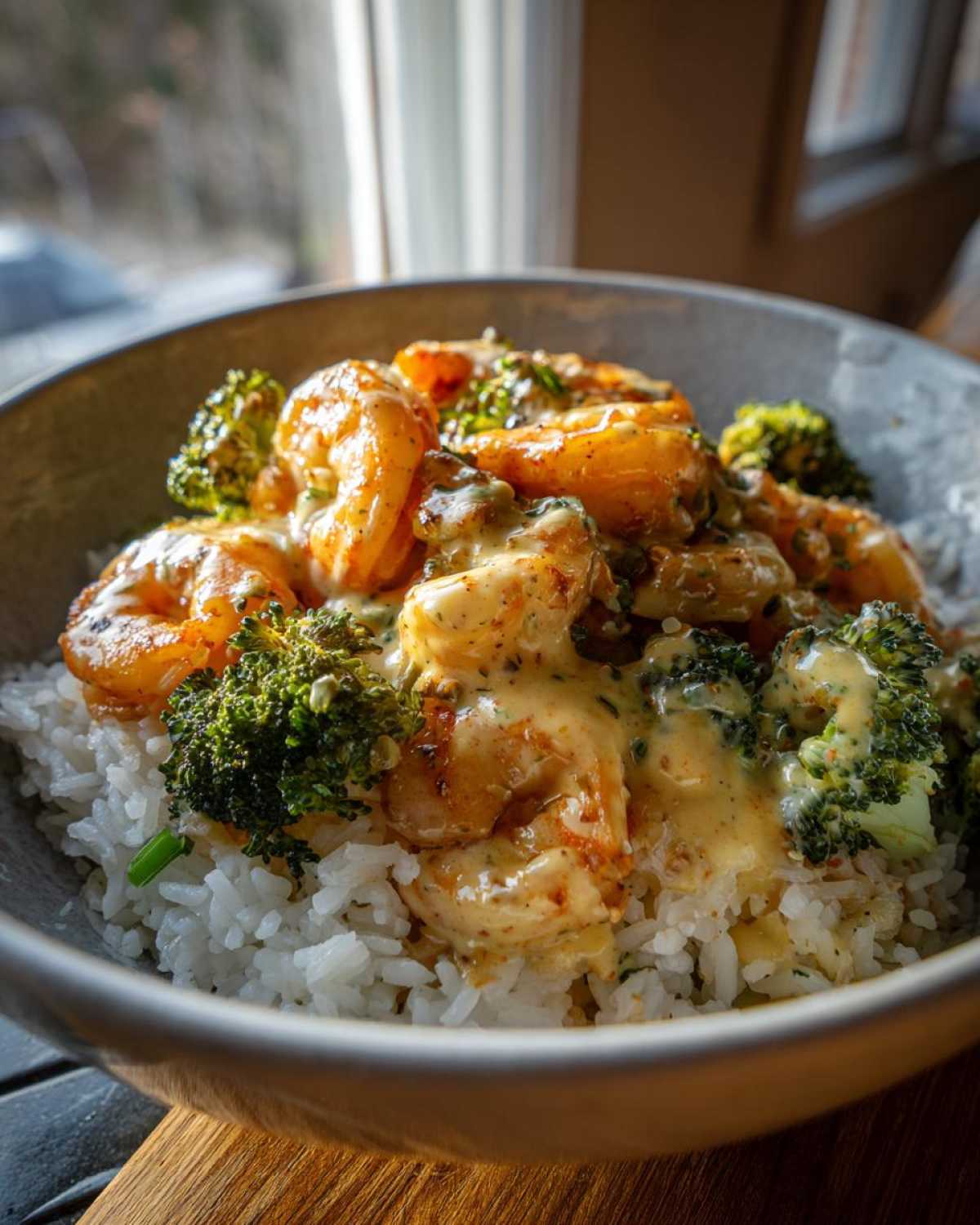 Close-up of a Garlic Butter Shrimp Rice Bowl topped with broccoli florets and rich garlic sauce.
