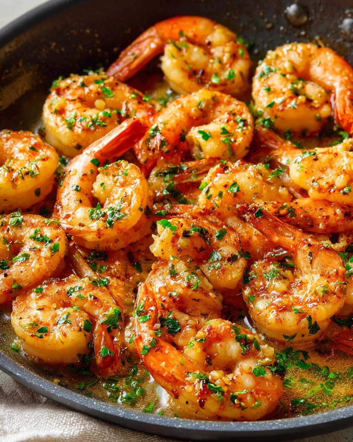 Close-up of succulent shrimp cooking in a skillet with garlic butter sauce and fresh parsley, highlighting the Garlic Butter Shrimp Skillet.
