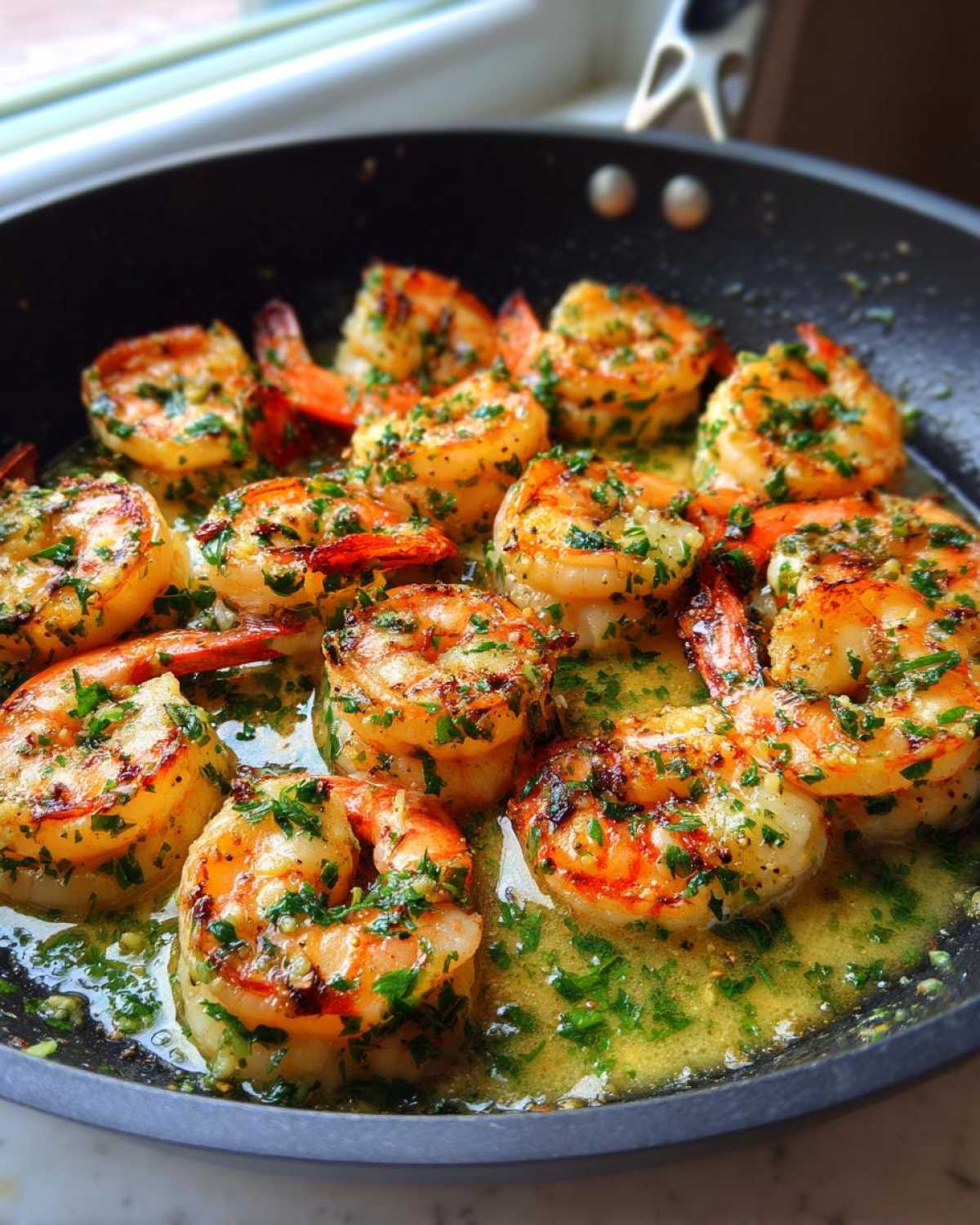 Close-up of plump shrimp sizzling in a skillet with rich garlic butter and fresh parsley, part of the Garlic Butter Shrimp Skillet recipe.