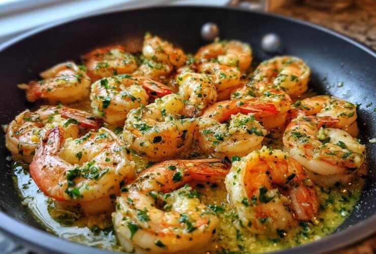 Close-up of succulent shrimp cooking in a skillet, coated in rich garlic butter and herbs for Garlic Butter Shrimp Skillet.
