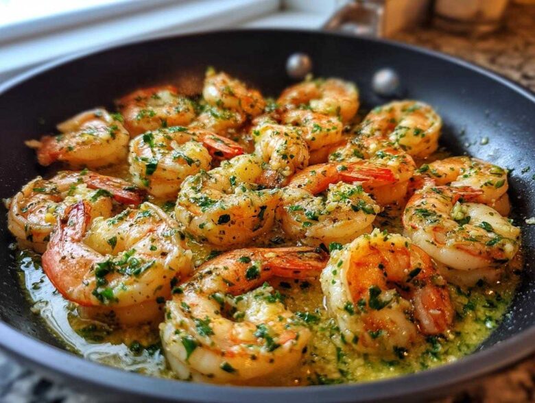 Close-up of succulent shrimp cooking in a skillet, coated in rich garlic butter and herbs for Garlic Butter Shrimp Skillet.