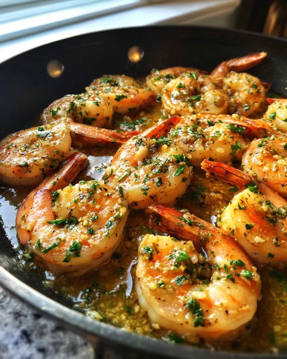 Close-up of plump shrimp cooking in a skillet with rich garlic butter sauce and fresh parsley, perfect for Garlic Butter Shrimp Skillet.