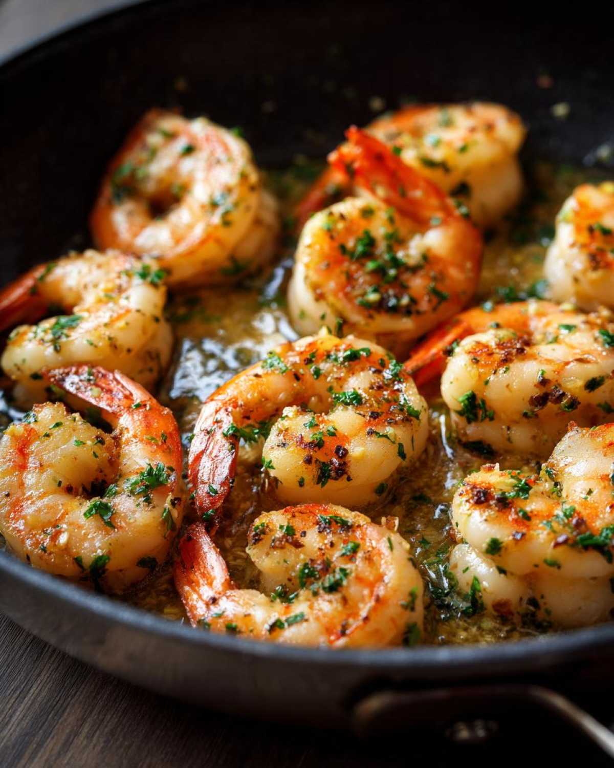 Close-up of plump shrimp cooking in a skillet with sizzling garlic butter and fresh parsley, perfect for Garlic Butter Shrimp Skillet.