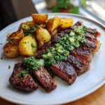 Perfectly cooked Garlic Butter Steak and Potatoes with Herb Sauce, sliced and served on a white plate.