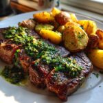 Two pieces of seared steak topped with bright green herb sauce, served alongside roasted potatoes, part of the Garlic Butter Steak and Potatoes recipe.