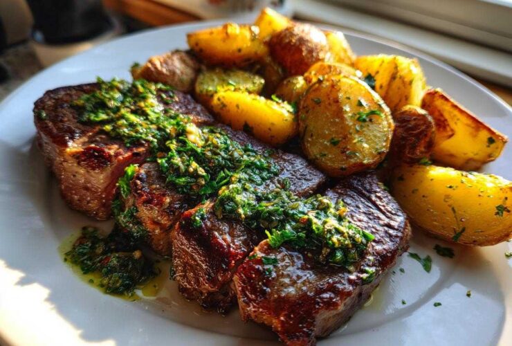 Two pieces of seared steak topped with bright green herb sauce, served alongside roasted potatoes, part of the Garlic Butter Steak and Potatoes recipe.
