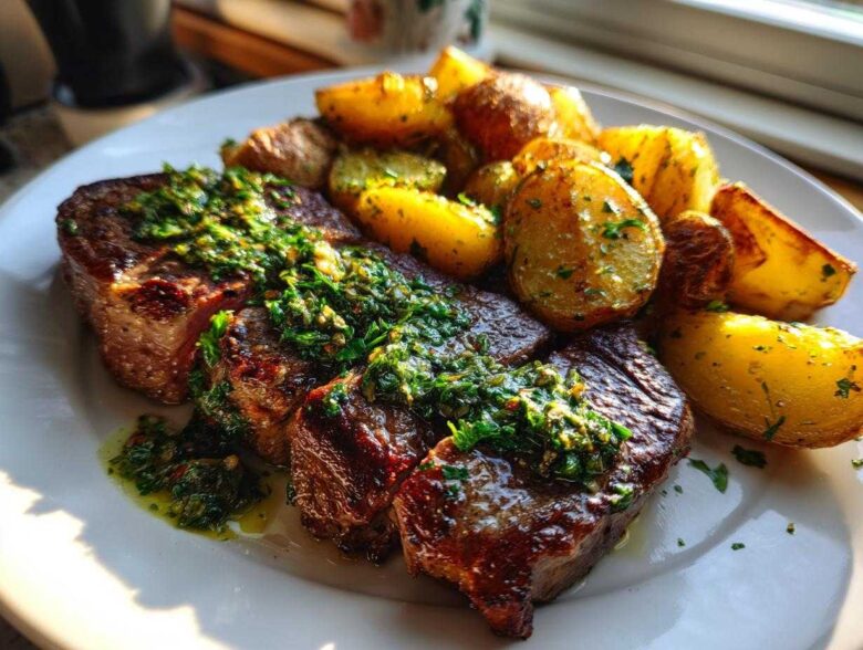 Two pieces of seared steak topped with bright green herb sauce, served alongside roasted potatoes, part of the Garlic Butter Steak and Potatoes recipe.