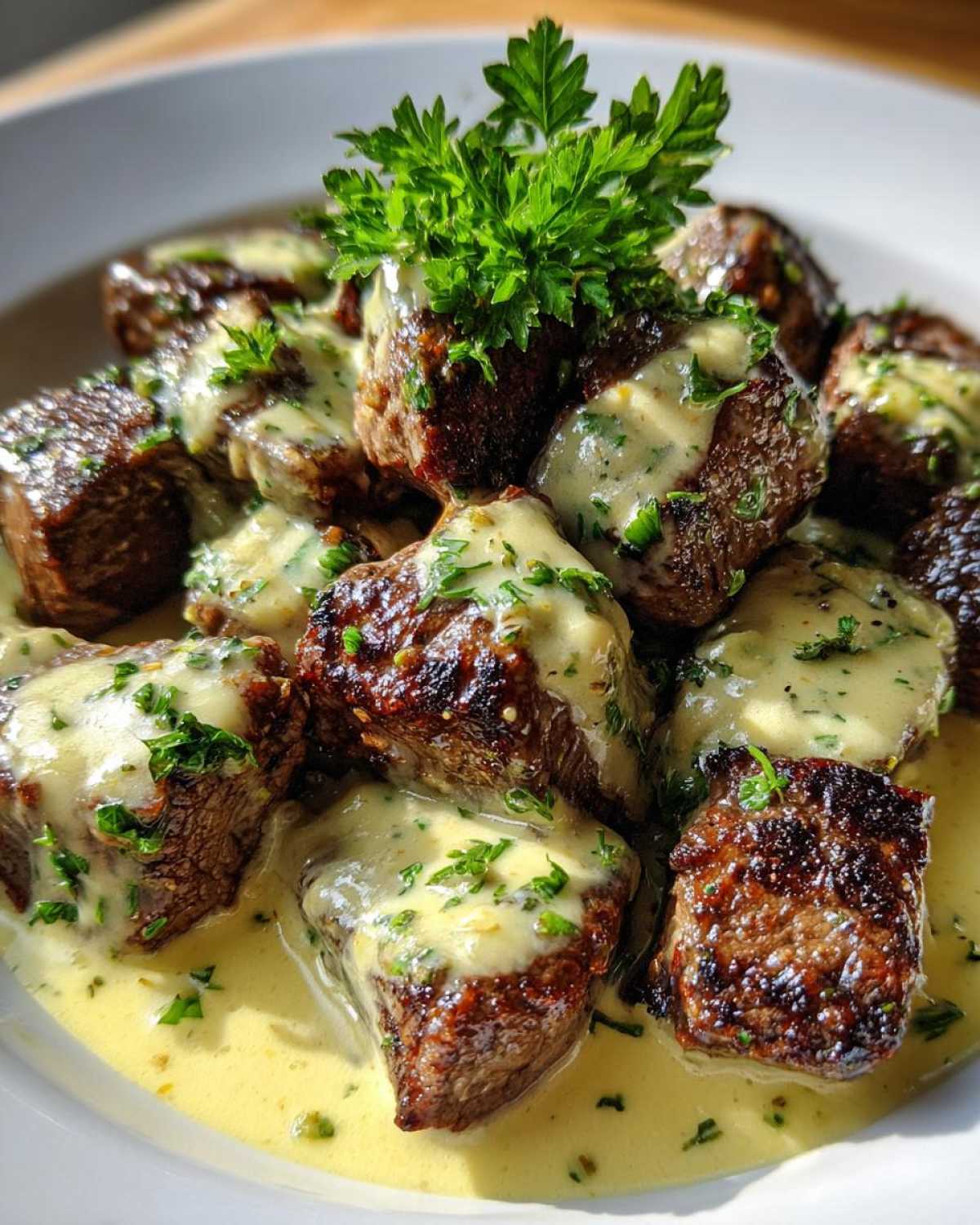 Close-up of seared Garlic Butter Steak Bites covered in a rich, creamy garlic sauce and garnished with fresh parsley.