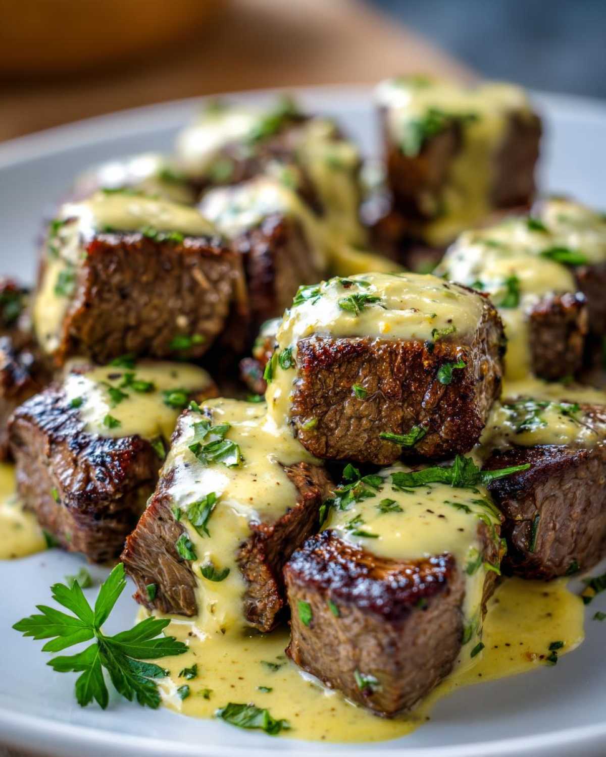 Close-up of seared Garlic Butter Steak Bites generously topped with a creamy garlic sauce and fresh parsley.