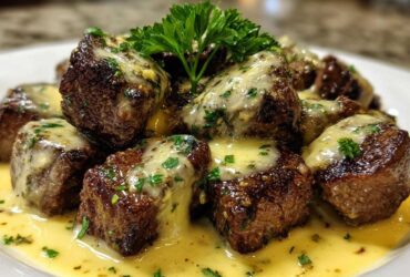 Close-up of seared Garlic Butter Steak Bites smothered in a rich, creamy garlic sauce and garnished with parsley.