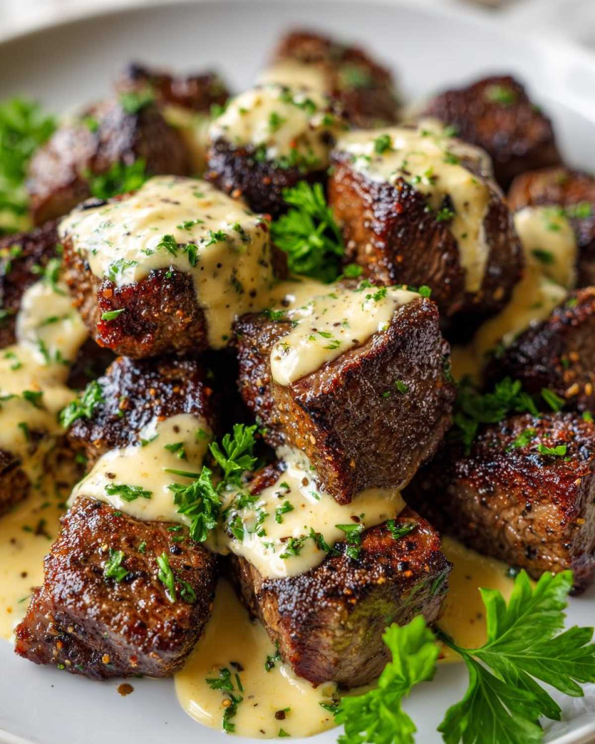 Close-up of perfectly seared Garlic Butter Steak Bites drizzled with creamy garlic sauce and fresh parsley.