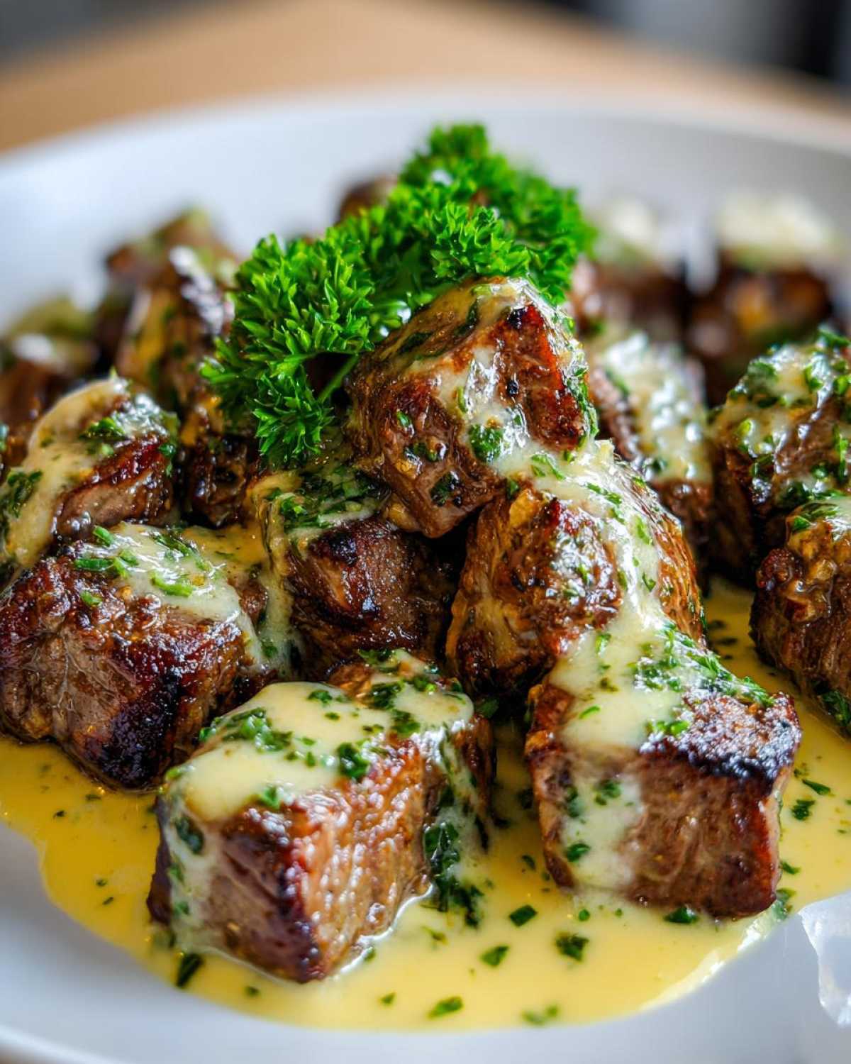 Close-up of perfectly seared Garlic Butter Steak Bites covered in a rich, creamy garlic sauce and fresh parsley.