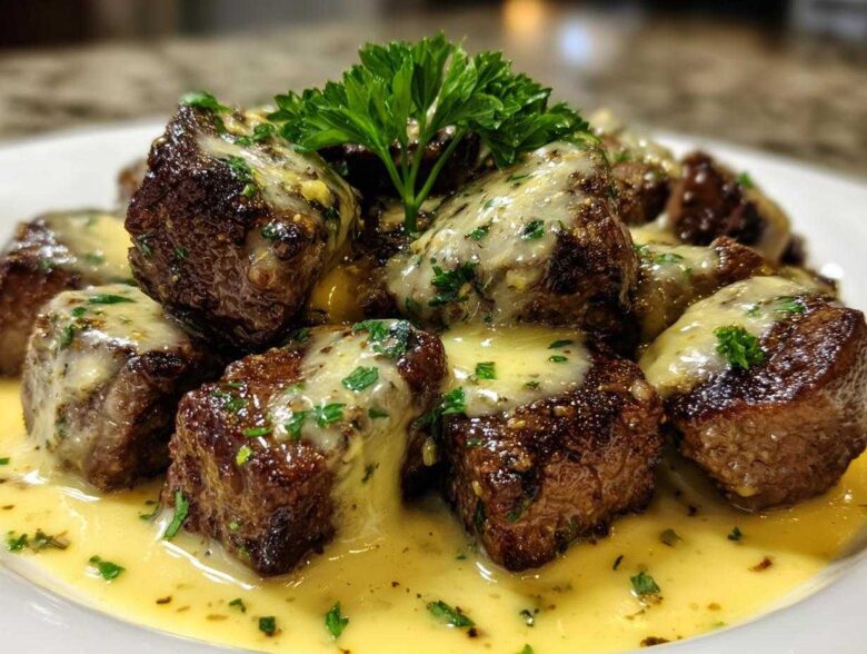 Close-up of seared Garlic Butter Steak Bites smothered in a rich, creamy garlic sauce and garnished with parsley.