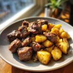 A plate of juicy Garlic Butter Steak Bites mixed with golden, crispy potatoes, glistening with sauce.