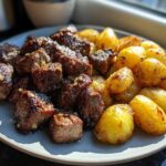 A plate featuring juicy Garlic Butter Steak Bites next to golden, crispy potatoes, glistening in the sunlight.