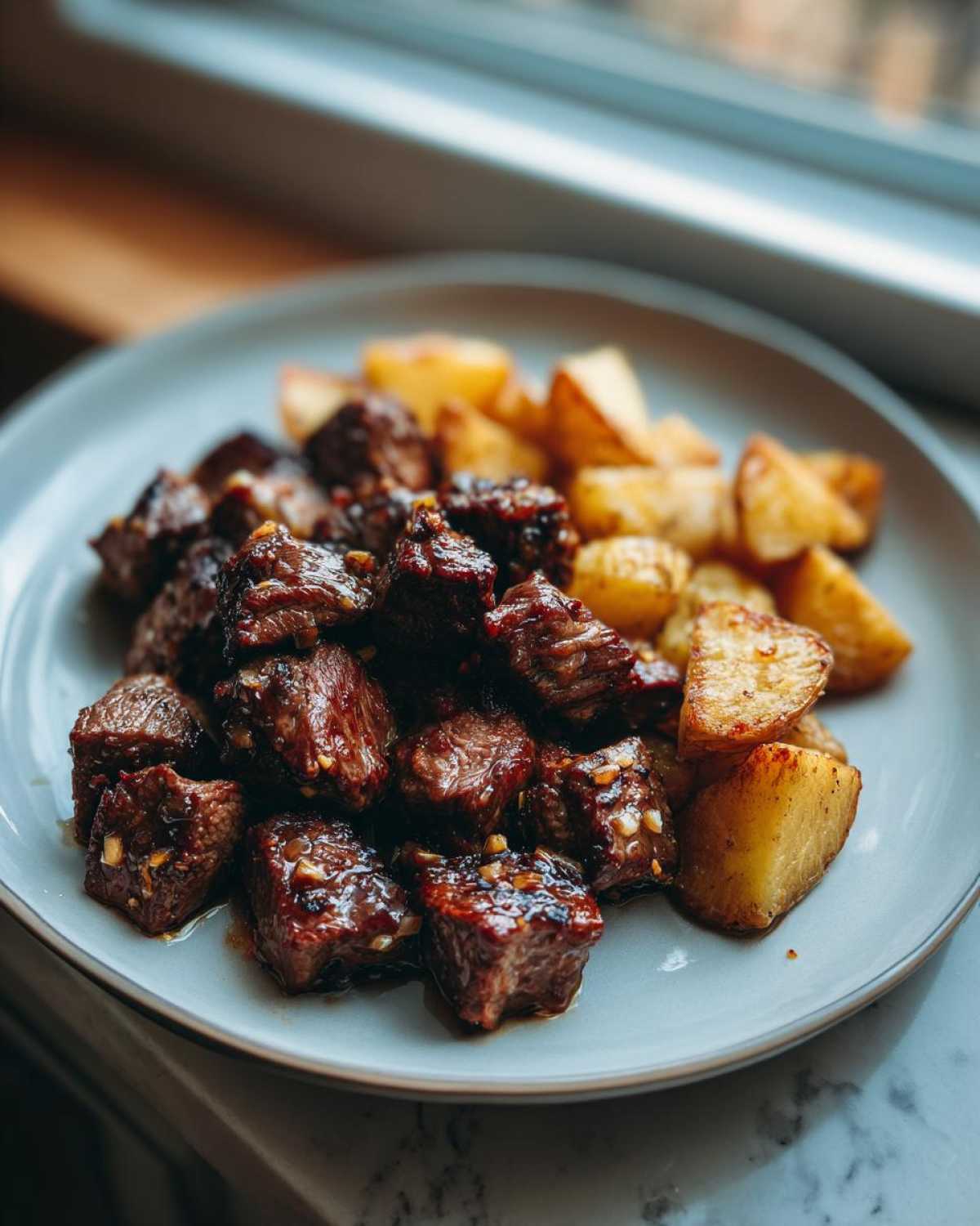 A plate of glistening Garlic Butter Steak Bites served alongside golden crispy potatoes near a window.