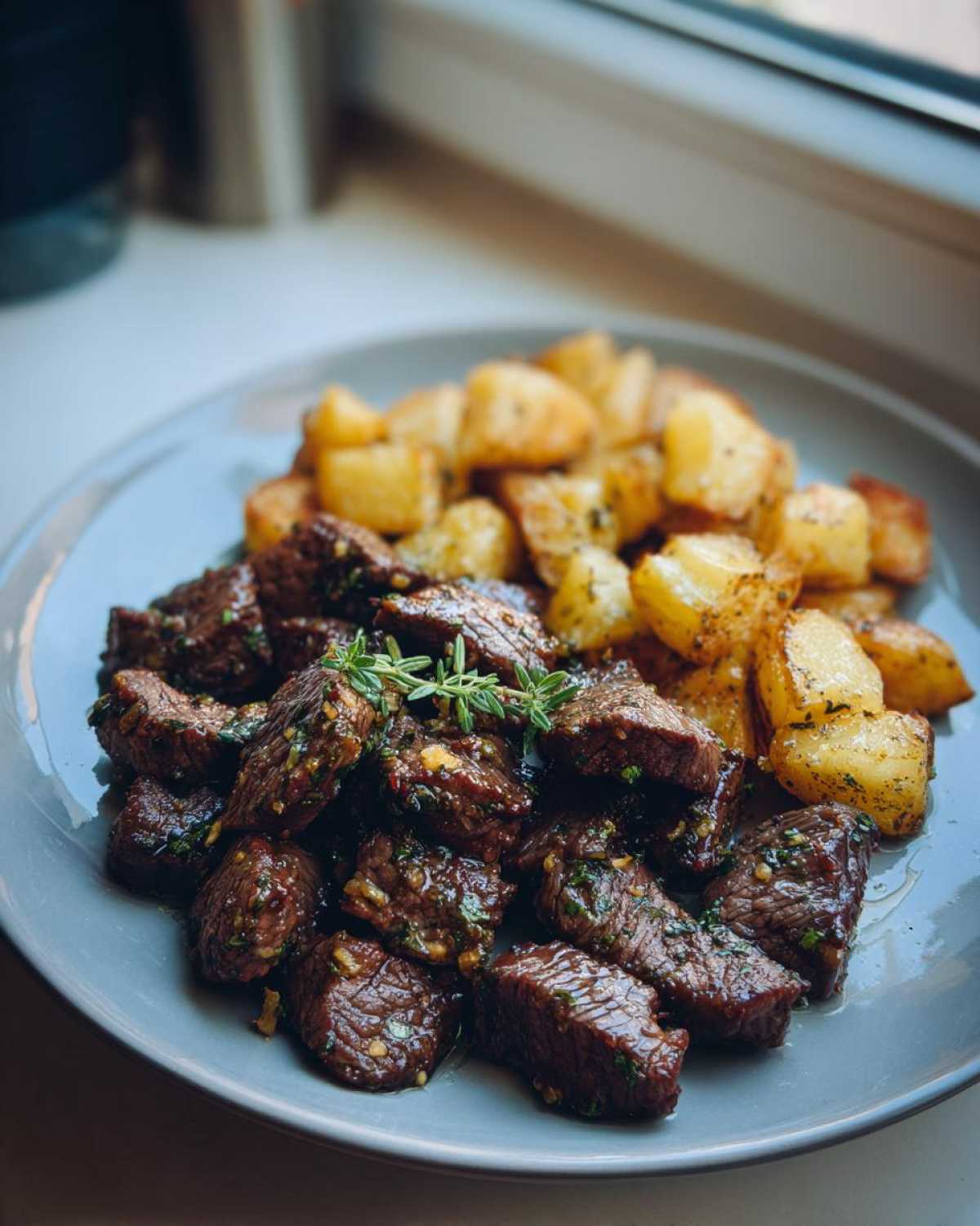 A plate of juicy Garlic Butter Steak Bites served alongside golden crispy potatoes, garnished with fresh thyme.