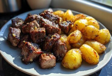 A plate featuring juicy Garlic Butter Steak Bites next to golden, crispy potatoes, glistening in the sunlight.