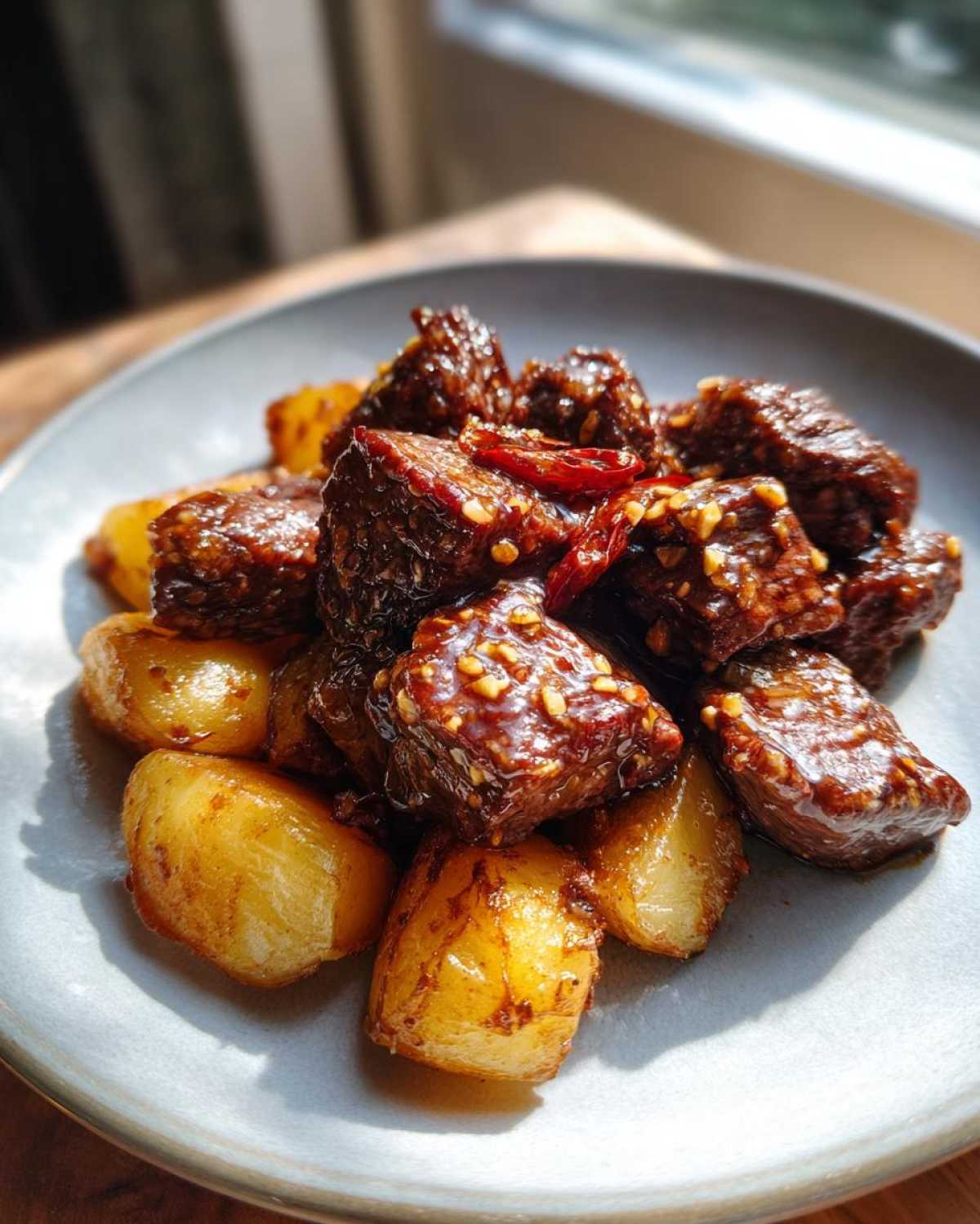 Close-up of glossy, saucy Garlic Butter Steak Bites served over golden crispy potatoes on a light gray plate.