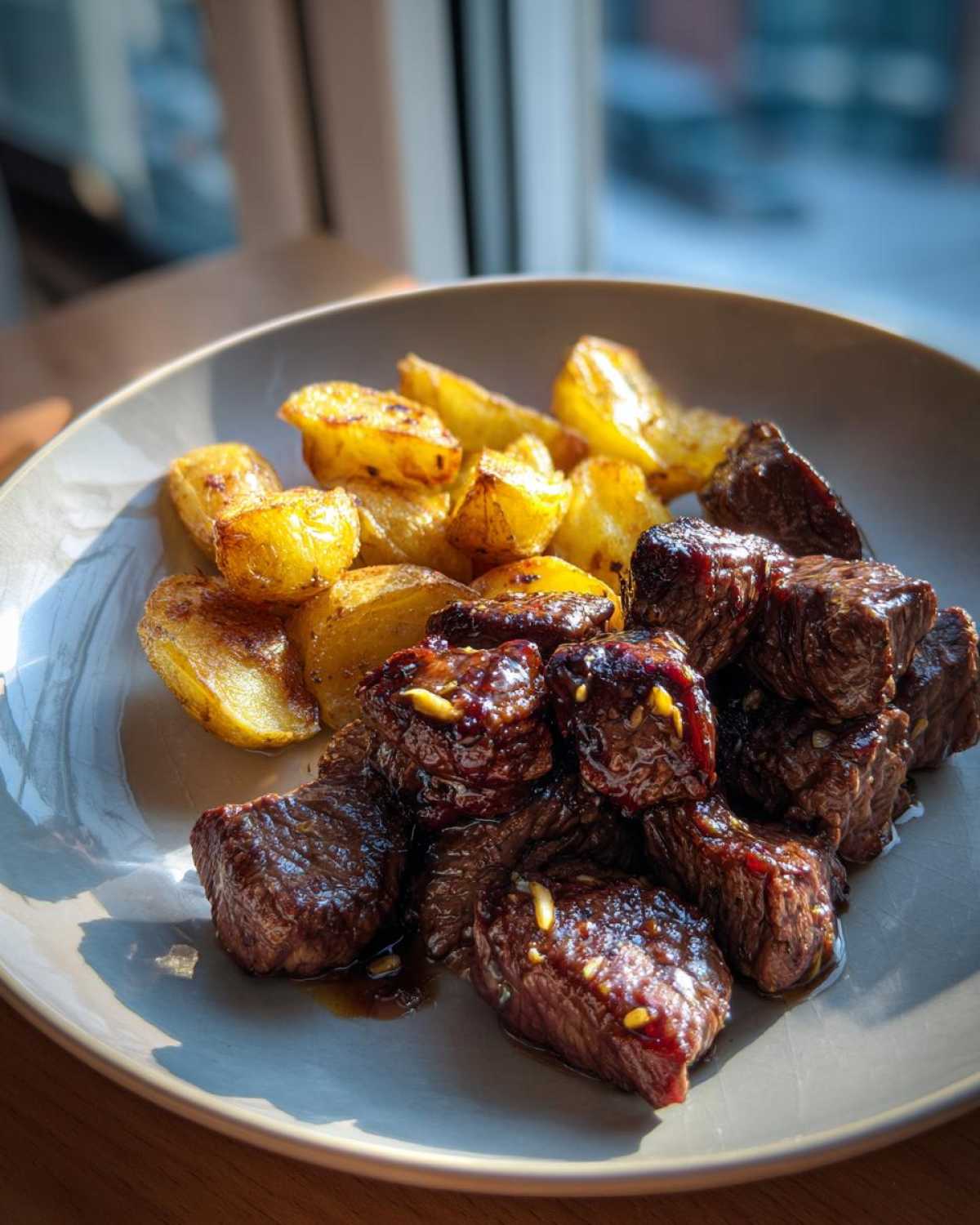 A plate of glistening Garlic Butter Steak Bites served alongside golden, crispy potatoes, bathed in natural light.