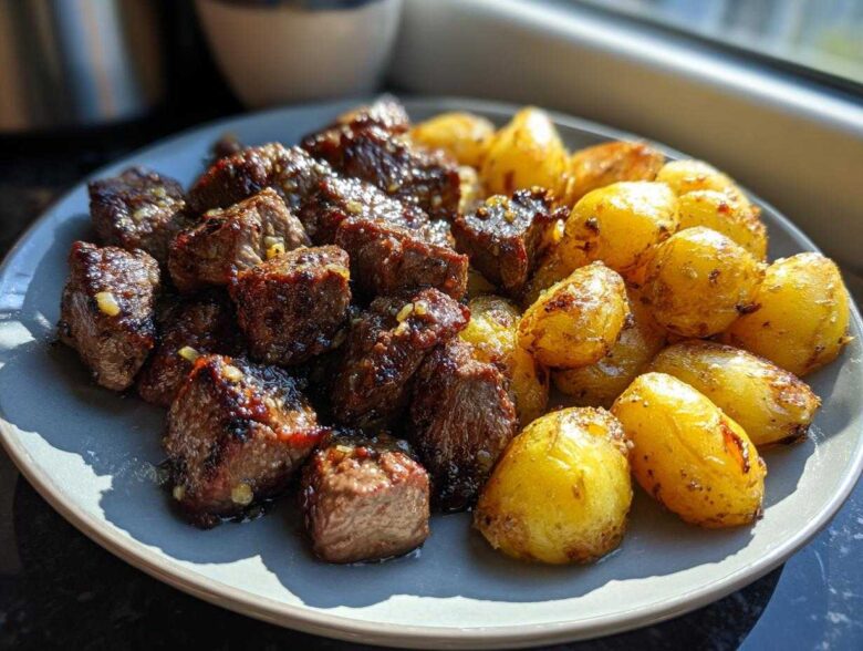 A plate featuring juicy Garlic Butter Steak Bites next to golden, crispy potatoes, glistening in the sunlight.