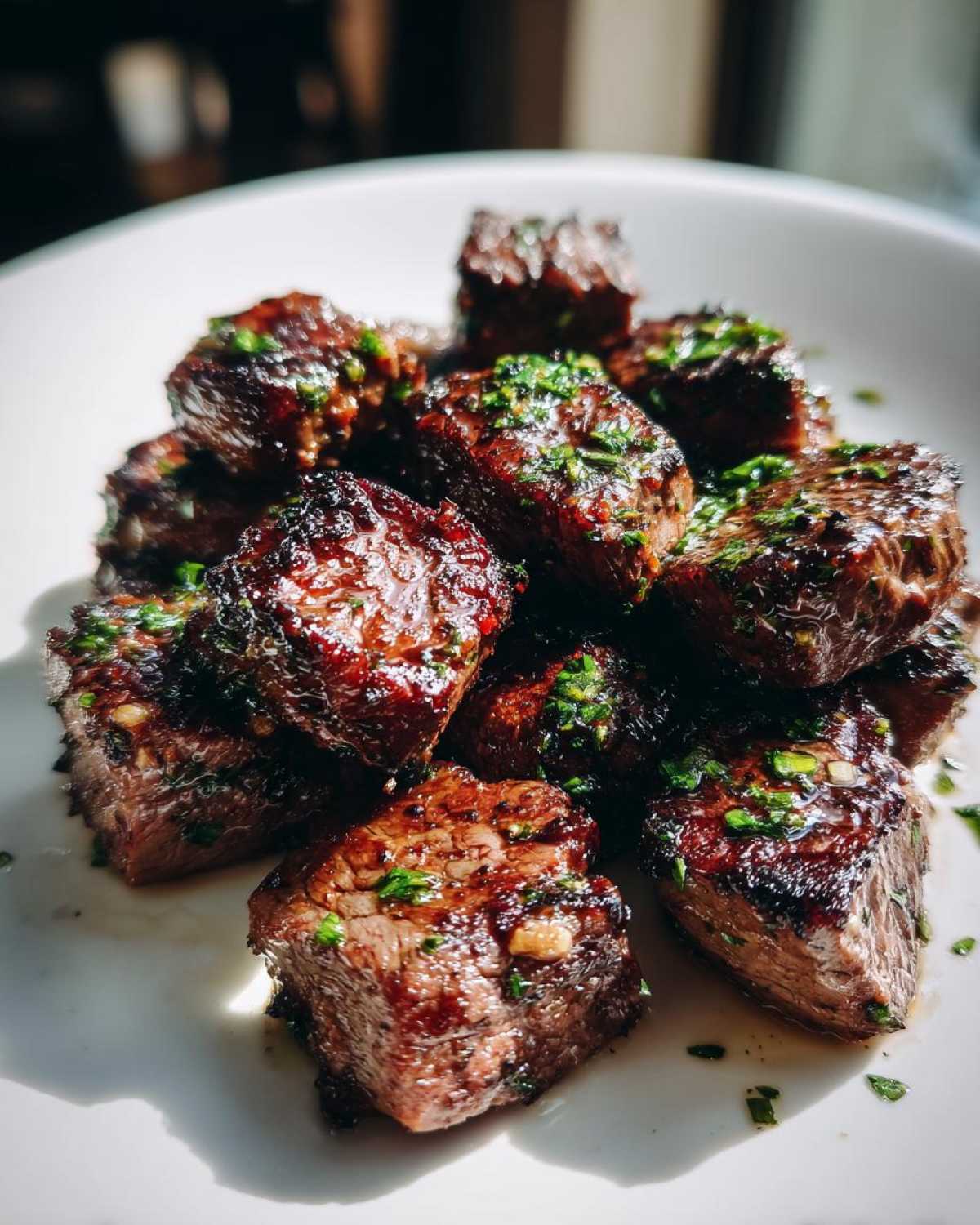 Close-up of perfectly seared Garlic Butter Steak Bites piled on a white plate, glistening with sauce and topped with parsley.