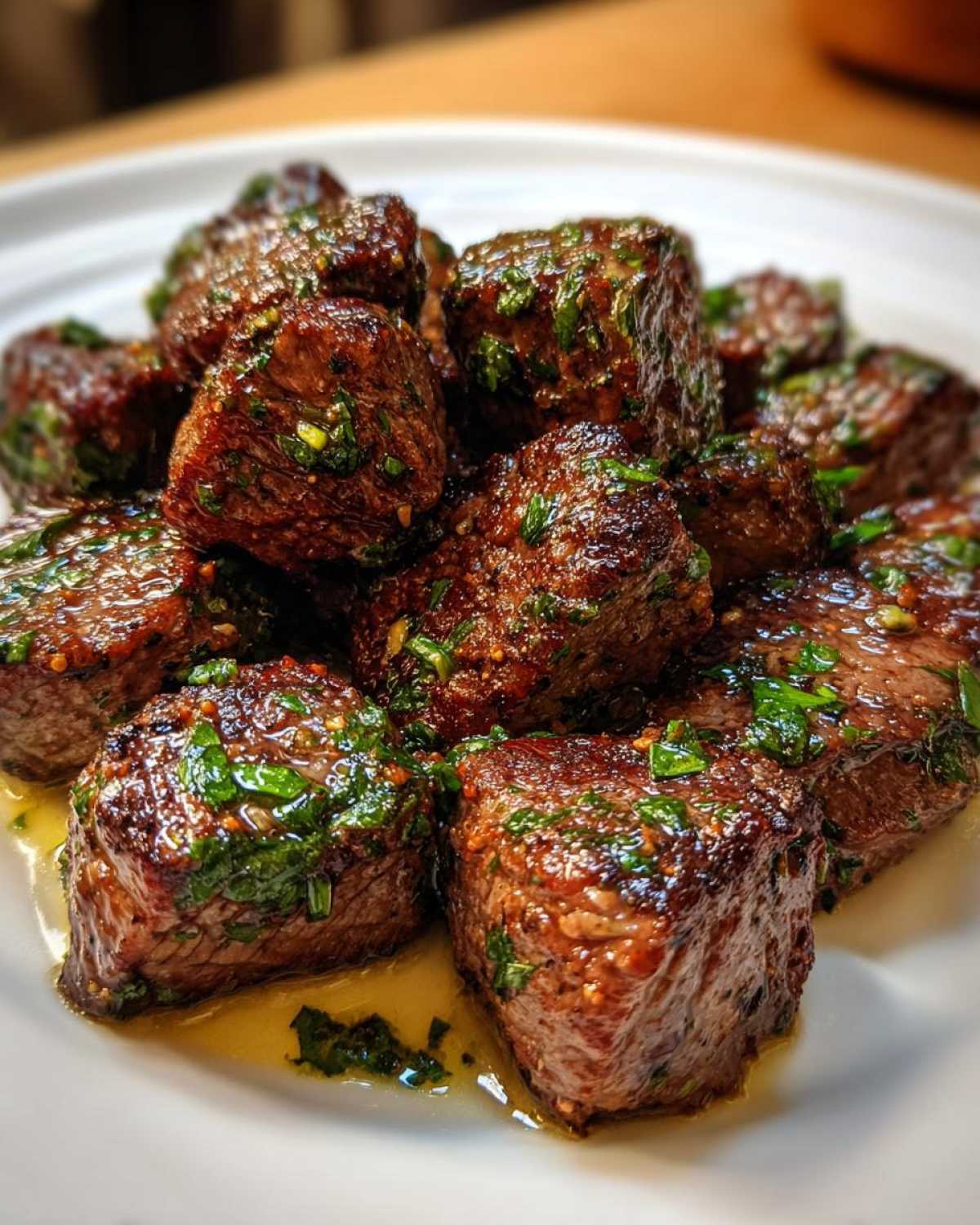 Close-up of perfectly seared Garlic Butter Steak Bites glistening with butter and herbs on a white plate.