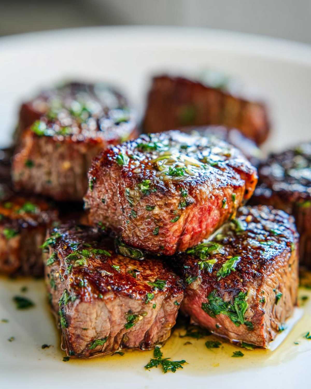 Close-up of perfectly seared Garlic Butter Steak Bites glistening with butter and herbs.