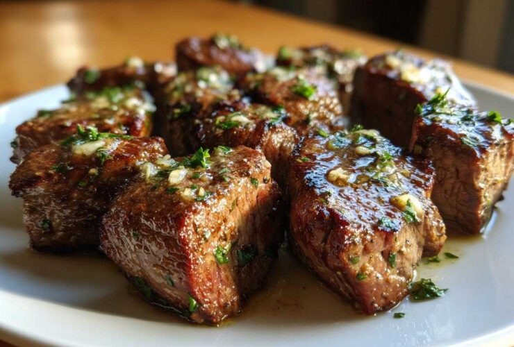 Close-up of several Garlic Butter Steak Bites, perfectly seared and glistening with garlic butter sauce and parsley.